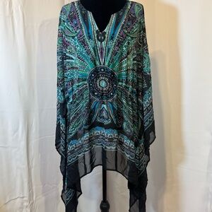 Contempo Penningtons 2X Blue Paisley Mandala Kaftan Tunic Asymmetrical Boho Top